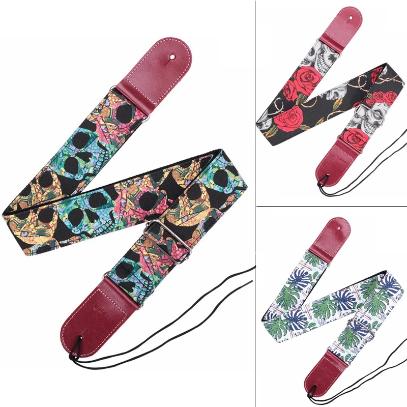 Adjustable Printing Leather Head Guitar Strap with Artsy Pattern 3 Colors Optional for Acoustic Electric Bass Guitars