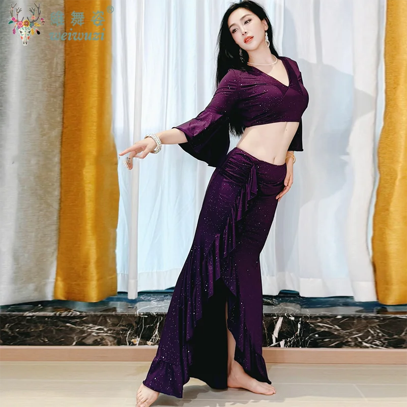 Ensemble de costumes de danse du ventre pour femmes, haut à demi-manches en soie glacée + jupe longue en gaze, ensemble d'entraînement 2 pièces, tenue de danse du ventre orientale