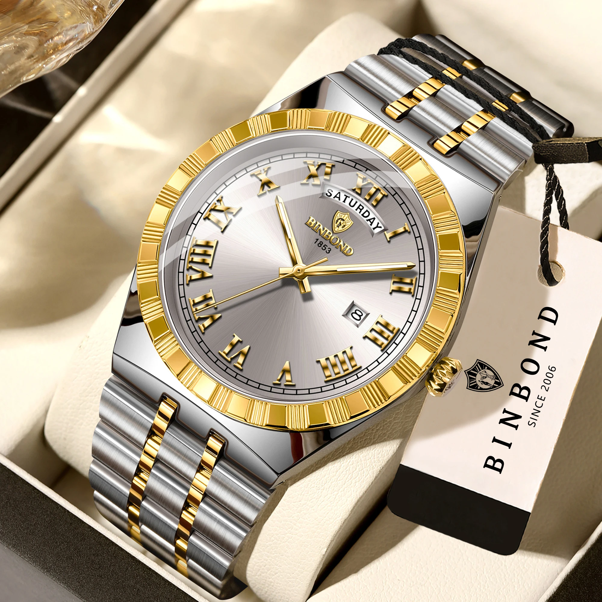 BINBOND Original Man Watch Quartz Watches For Men Luxury Stainless Steel Strap Luminous Waterproof Men's Wristwatch Reloj Hombre