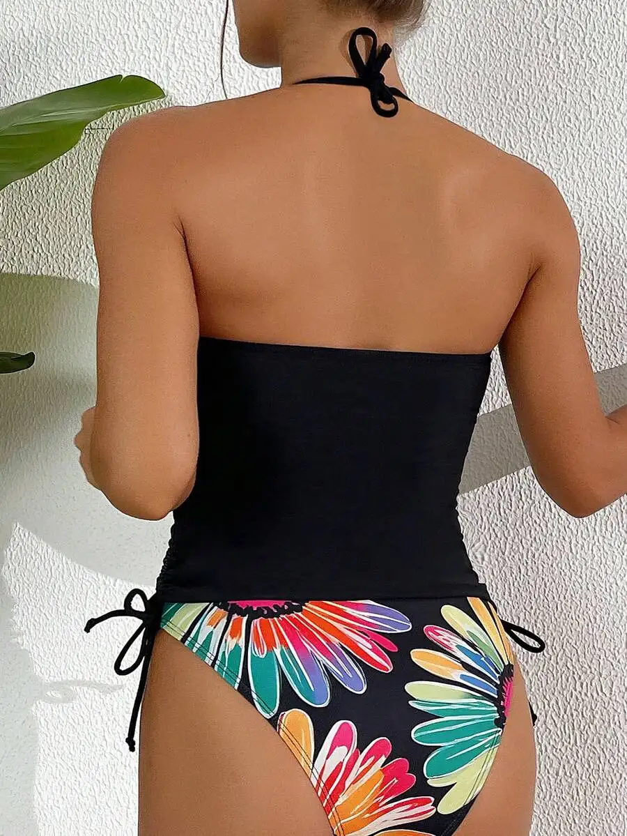 

Women Floral Print Halter Neck Drawstring Side Top And Triangle Beach Tankini Set
