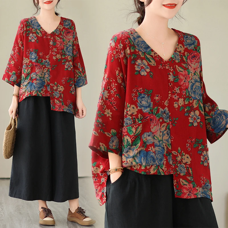 

Ethnic Print Loose Women's irt V-Ne Asymmetrical Splicing Retro Large Size Vintage Sle Cotton Bell Sve T Top