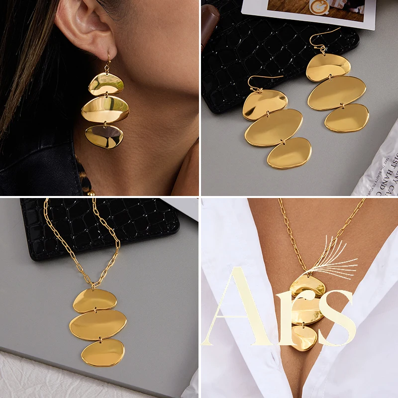 

Ars 18K Gold Plated Triple High Polish Metallic Sequin Dangle Earrings Matching Necklaces for Women Stainless Steel Jewelry Sets