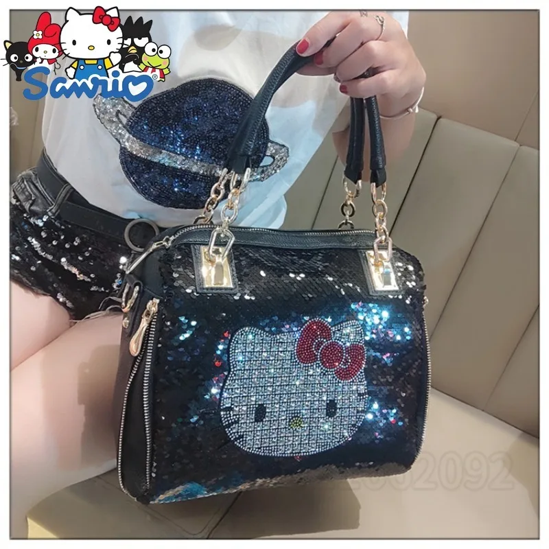  Hello Kitty Sequined Women's Handbag Luxury Brand Fashion Women's Sequined Shoulder Bag Large Capacity Casual Women's Bag