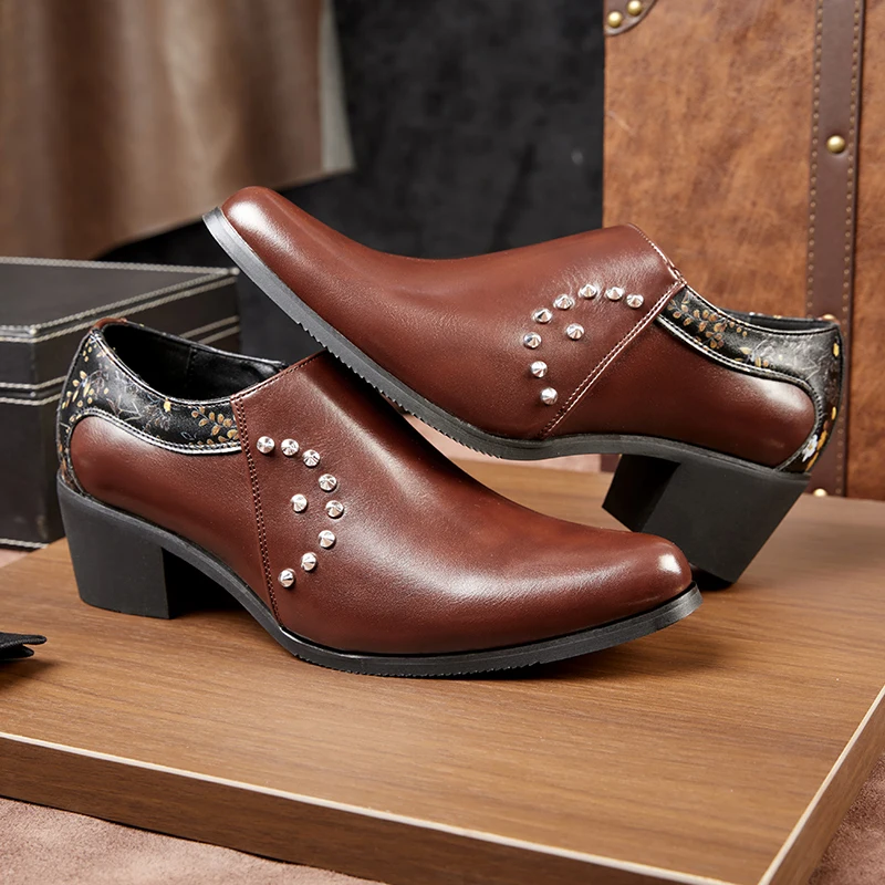 Classics Retro Man High heels Formal Shoes High Quality Leather Thick Heeled Business Oxfords Loafers Catwalk Party Dress Shoes