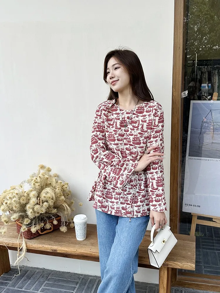 

6mm Double Gauze Silk Long Sve irt Vintage Sailing Print V-ne Dstring Design Slimming Waist Ele Top