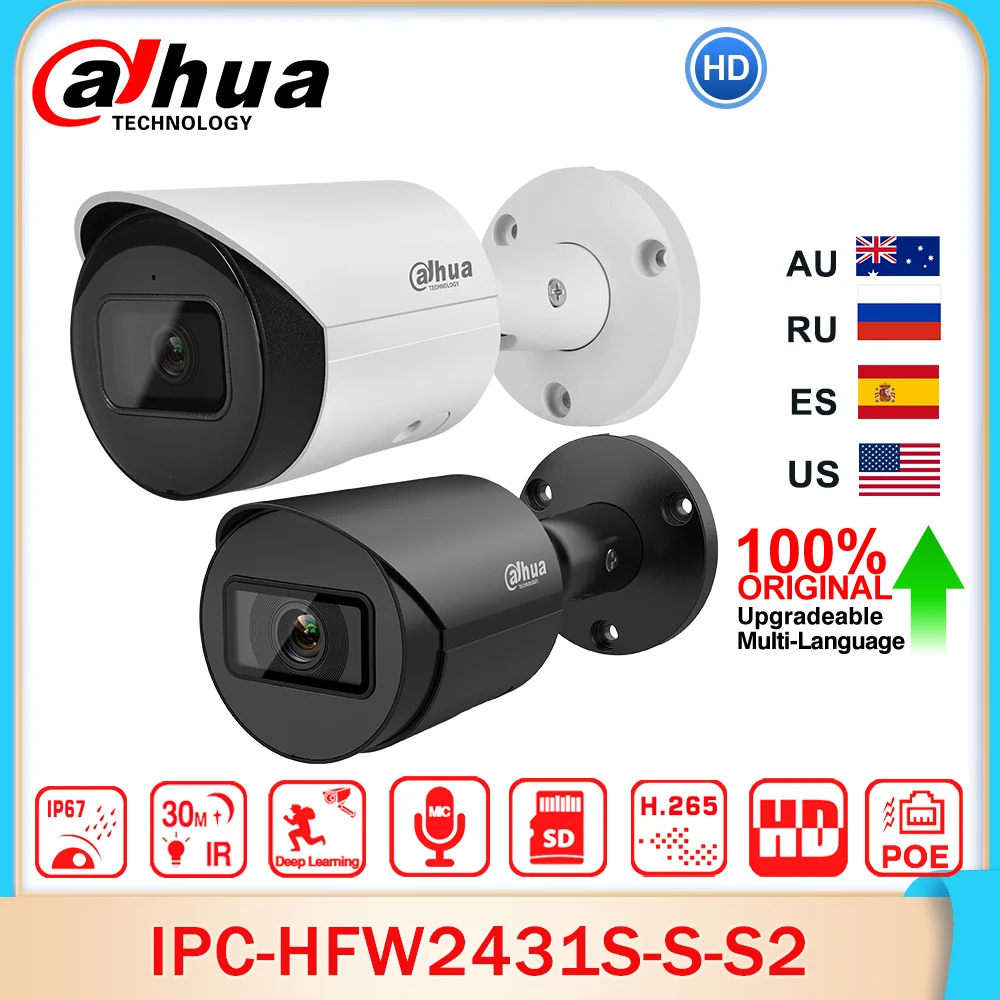 

Dahua Original IPC-HFW2431S-S-S2 4MP 2K Lite Bullet Network IP Camera Intrusion Tripwire IR 30M SD Card Slot POE IP67