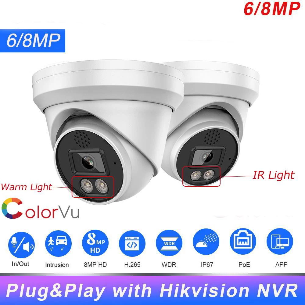  Hikvision Compatible 6MP 8MP ColorVu IP Camera Security Surveillance Camera 2-way Audio Plug&Play with HIK NVR P2P View