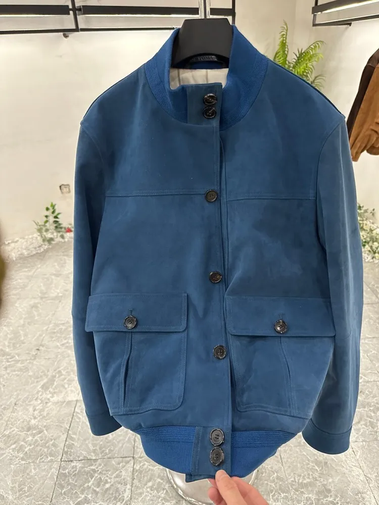 Luxury Mens Real Suede Leather Jacket Stand Collar Single Breasted Business Work Coat Italian Designer Genuine Leather Jackets
