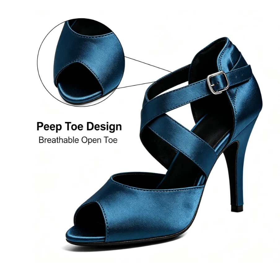 Evk Women's Satin Latin Dance Shoes Peep Toe 8.5cm Slim Heeled Dancing Sandals Ladies Ballroom Salsa Tango Party Dance Footwear