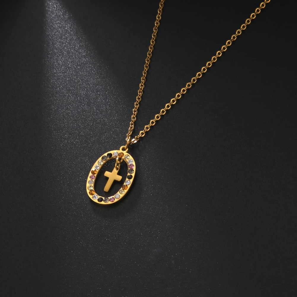 Cazador Shining Ziron Cross Pendant Necklace for Women Oval Neck Chain Stainless Steel Jewelry Mother's Day Gift Wholesale 2025