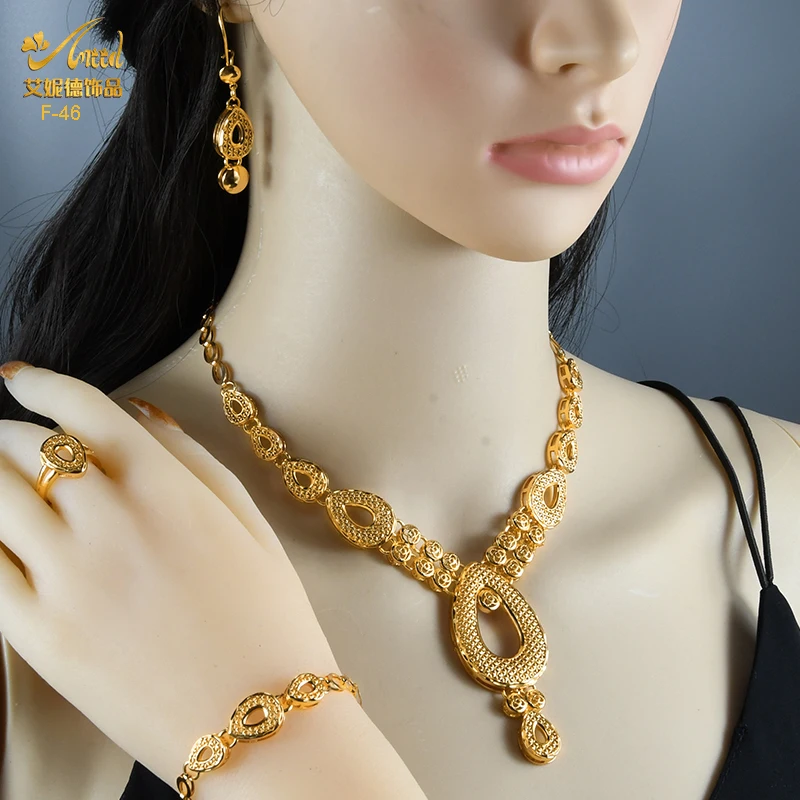 ANIID Luxury Indian Jewelry Set Quality Copper Dubai Gold Color Wedding Necklace And Earring Set Bridal Party Ethiopian Jewelry