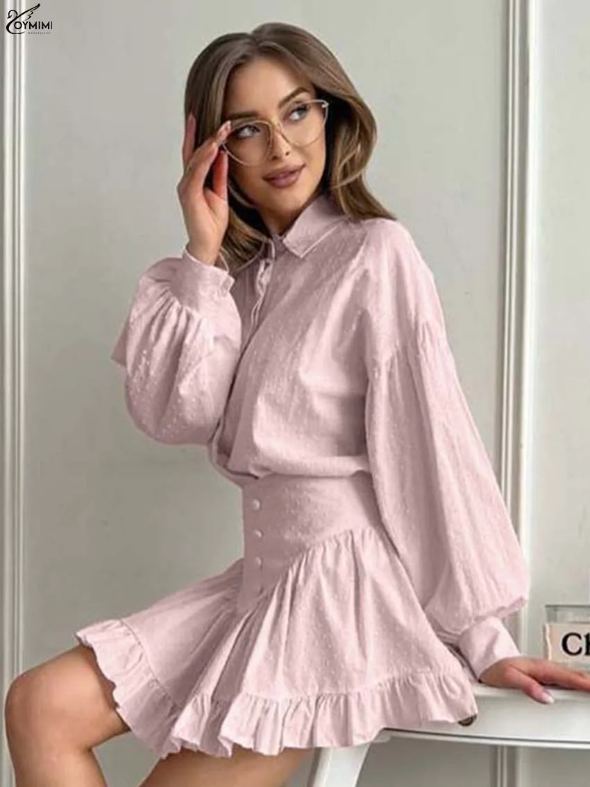 

Oymimi Fashion Pink Cotton Two Piece Set Woman Elegant Long Sleeve Single Breasted Shirts And High Waist Pleated Mini Skirts Set