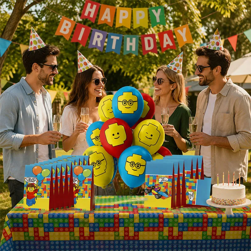 Building Block Combination Set Birthday Party Supplies Paper Bag Tablecloth Balloon Easy To Carry And Use Perfect Decorations view 5