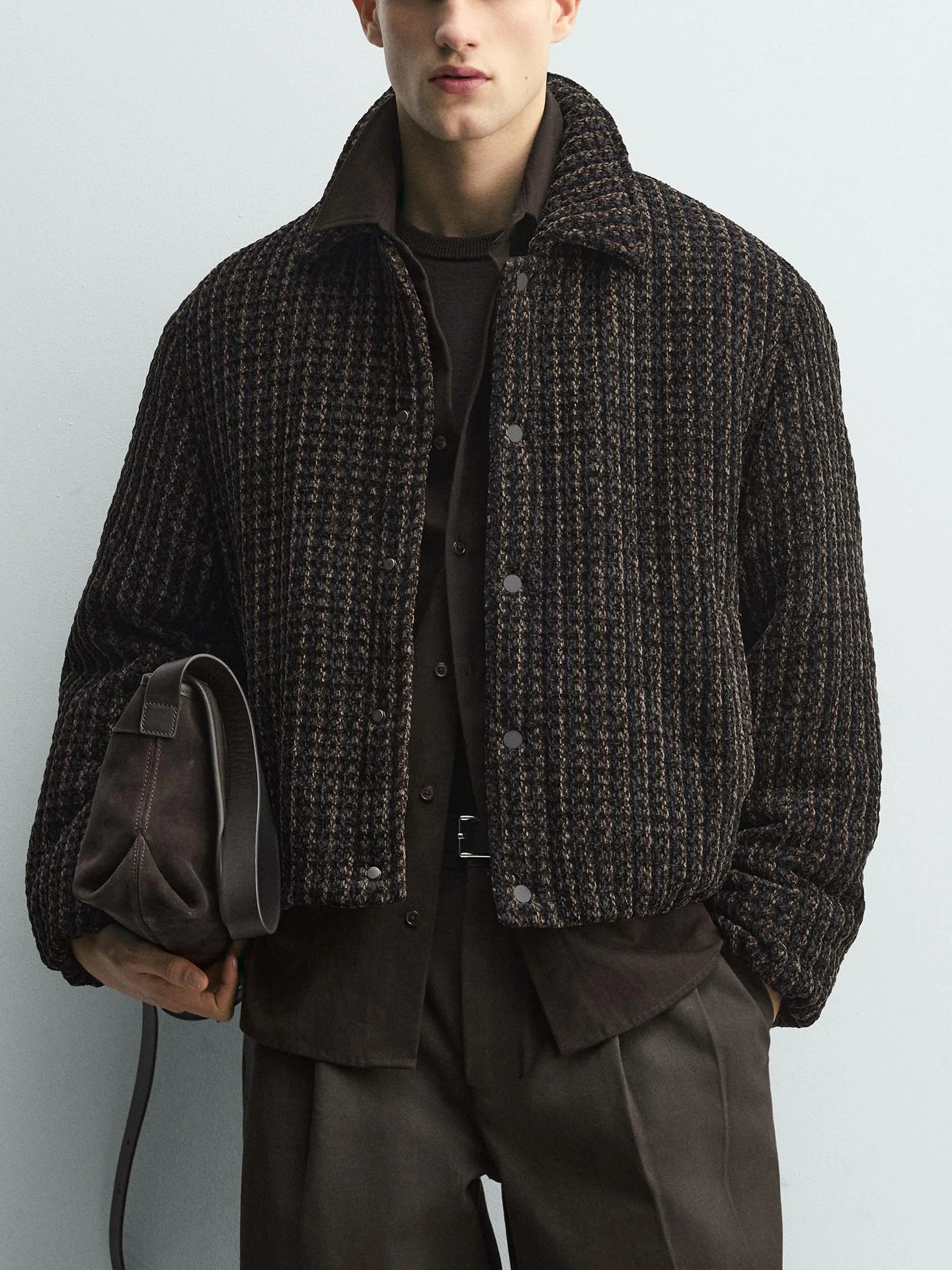 

Winter Plaid Velvet Men's Jaet Collared Cotton Coat Stand Fit Casual Sle Warmth Polyester Fiber ort Length