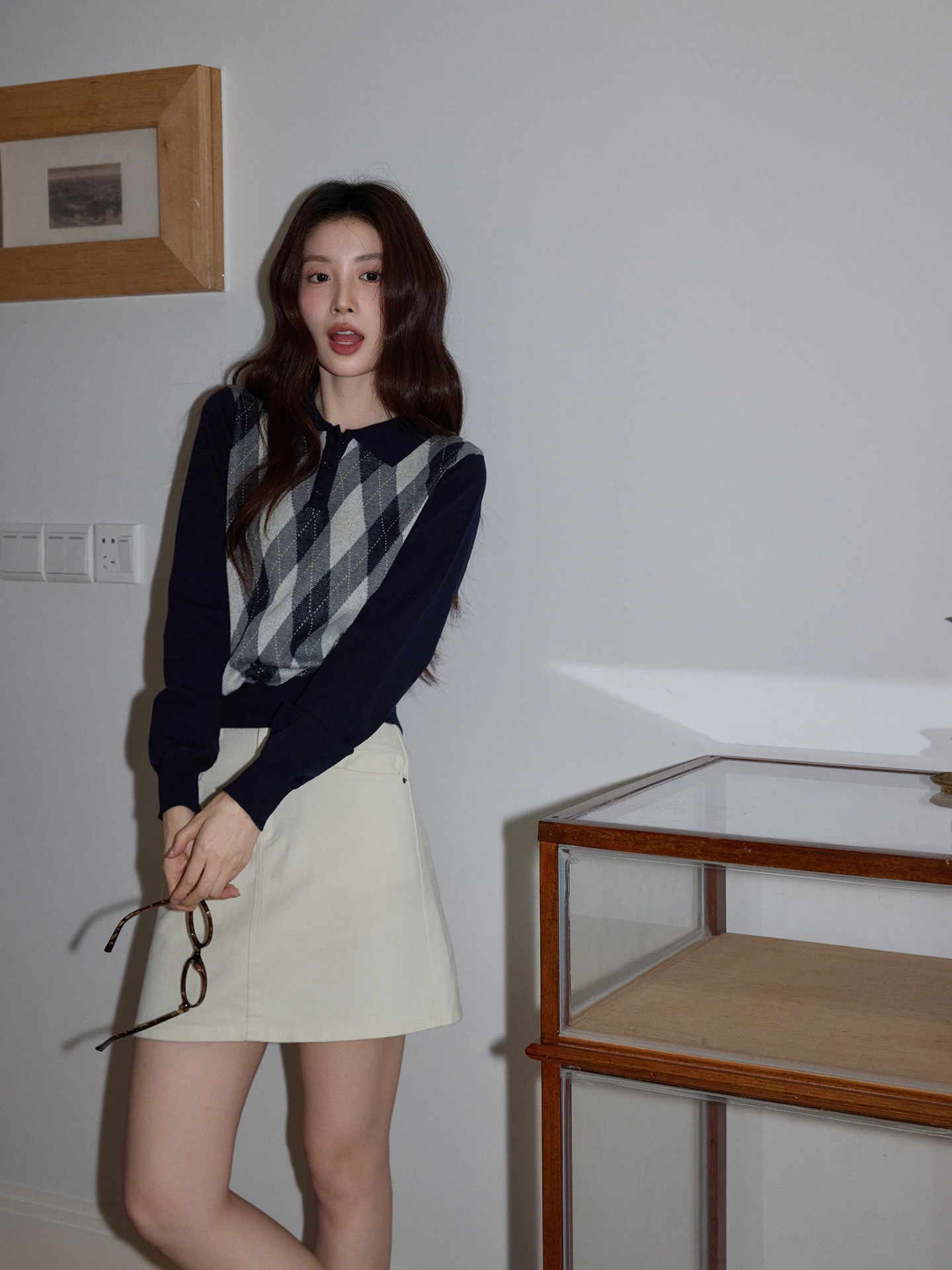 

Blue Ne Plaid Splicing Knitted Sweater Women's Casual Long Sve Autumn Winter Faion Comfortable Breathable Top