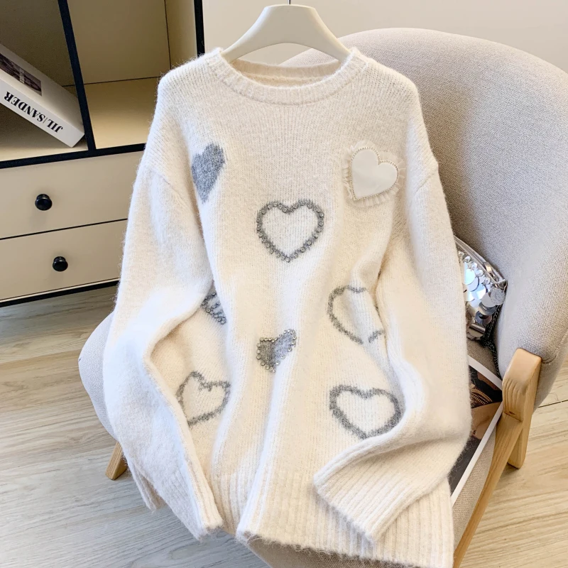 المرأة رمادي البلوز سترة Y2k خمر 2000s س الرقبة البلوز متماسكة طويلة الأكمام سترة كبيرة الحجم مع القلب الخريف الشتاء 2025 #2