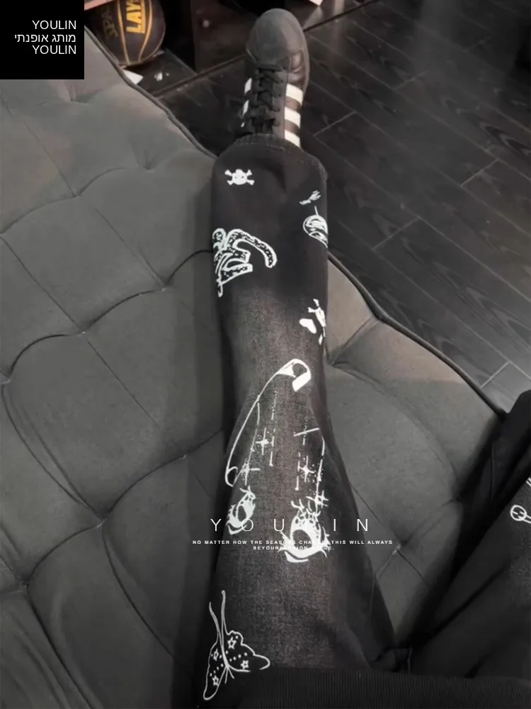 Black Graffiti Cartoon Denim Jeans Men's High Waist Straight Leg Micro Flared Long Trousers American Style Autumn Winter Stre...