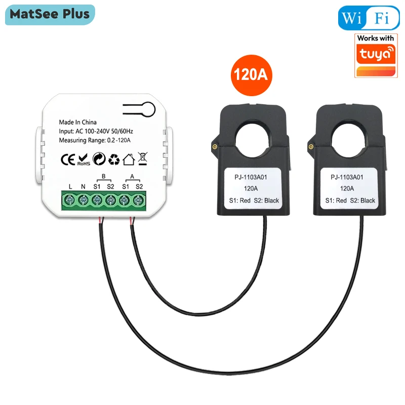 

Smart Life WiFi Energy Meter 120A Bidirectional 2 Channel with Clamp App Monitor Solar Export and Import Power AC110V/240V