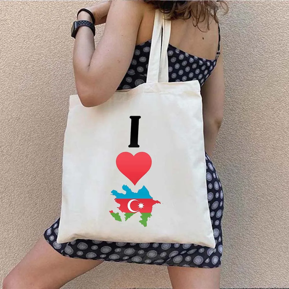 Anthem Vlag Kaart Azerbeidzjan Embleem Land Liefde Hart Reizen Schattig Meisje Harajuku Shopper Canvas Katoenen Totes Tas Winkelen Handtassen