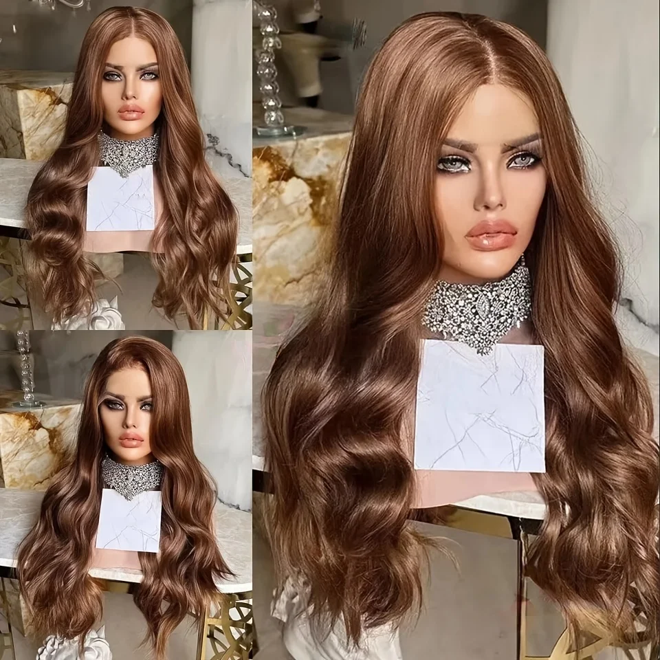 

Dark Brown Body Wave 26 Inch 180% Density Synthetic Lace Front Wig For Women With BabyHair Preplucked Glueless Heat Fiber Wig