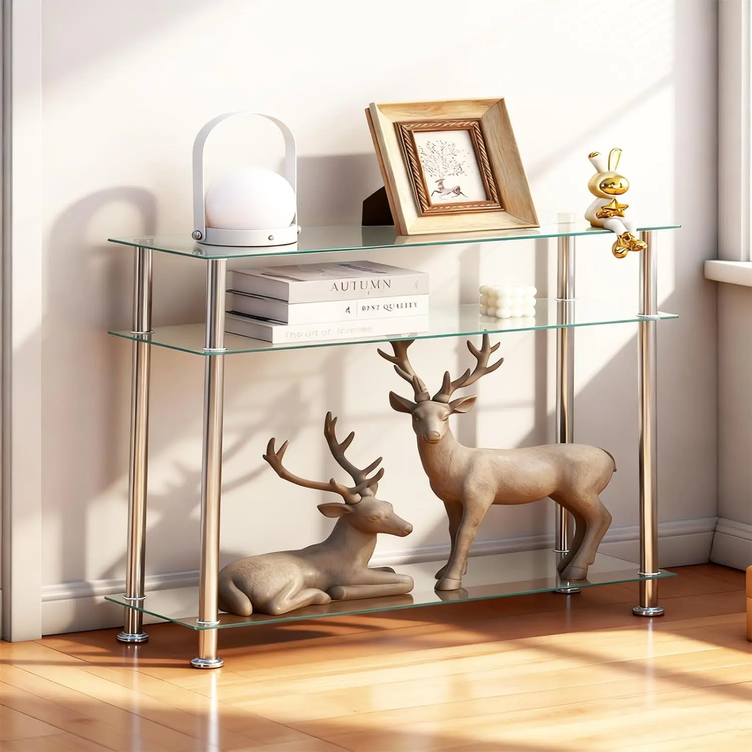 

Silver Glass Console Table for Entryway, Modern and Comtemporary 3 Tiers Glass Couch Table with Chrome Legs Living, Customized