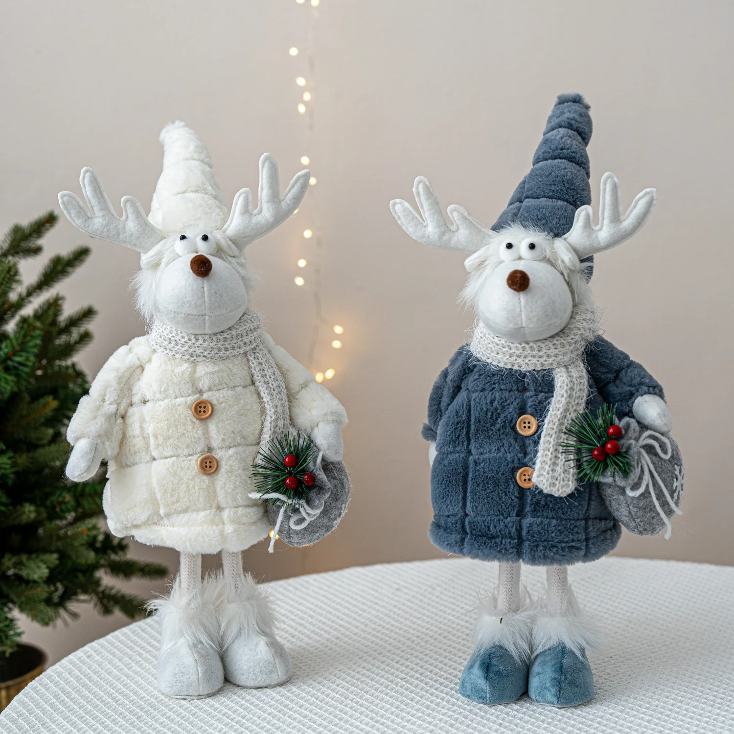 High-quality standing reindeer Christmas figurine, white and blue Christmas holiday statue figurine