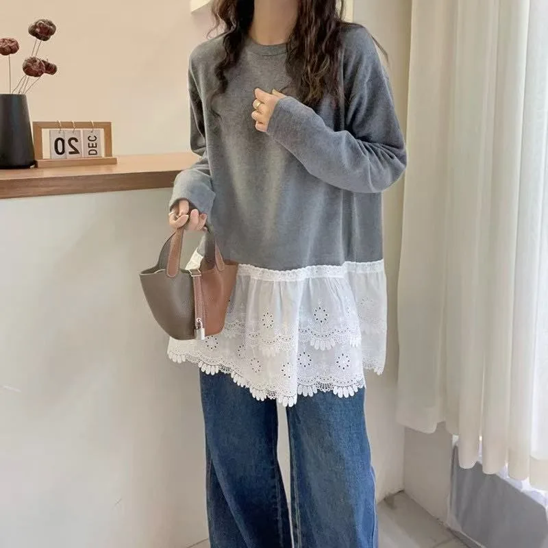 

Lace Splicing Bottoming Shirt 2026 New Medium and Long Women's T-shirt