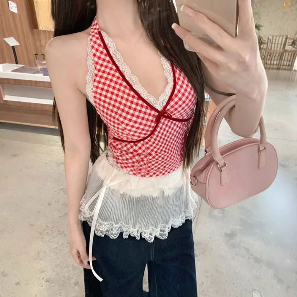Stripe Grid Sleeveless Crop Top Slim Fit Bottoming Shirt Lace Vest Top Girl Korean Style V Neck Hanging Neck Camisole Summer