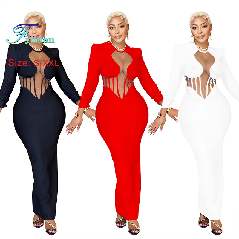 Lange jurk pure mesh patchwork dames lange jurk sexy bodycon doorzichtige volledige mouw stretch bodycon party club vakantie outfit
