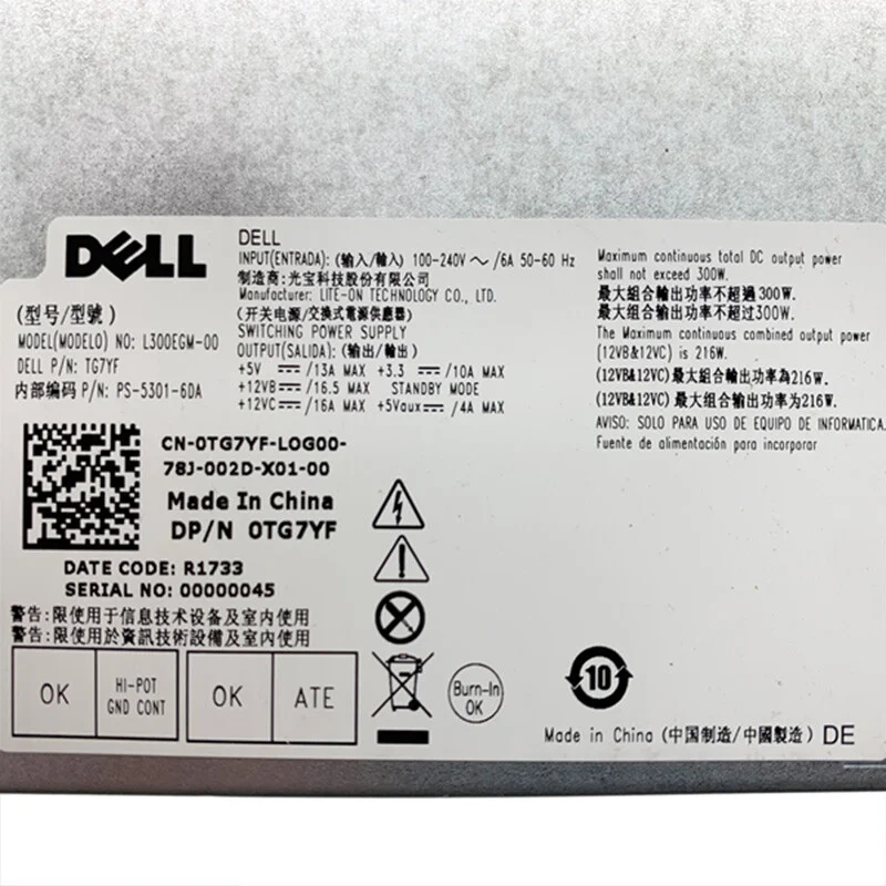 델 L300EGM-00 PS-5301-6DA 전원 공급 장치, 0TG7YF TG7YF