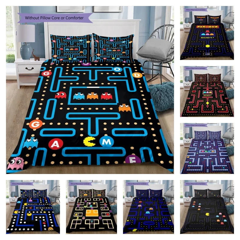 Juego de Ropa de Cama Vintage PacMan Maze, Funda de Edredón de Poliéster Suave con Fundas de Almohada, Ropa de Cama Retro de los 80 con Diseño de Videojuego para Decoración de Habitación Gamer
