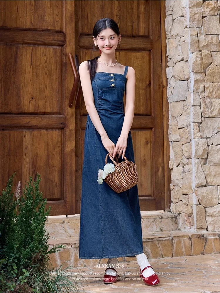 

ALXNAN Denim Blue Sleeveless Dress Women Elegant Holiday Cotton Long Dresses 2025 A-line Beach Slim-fit Ladies Clothing L53997