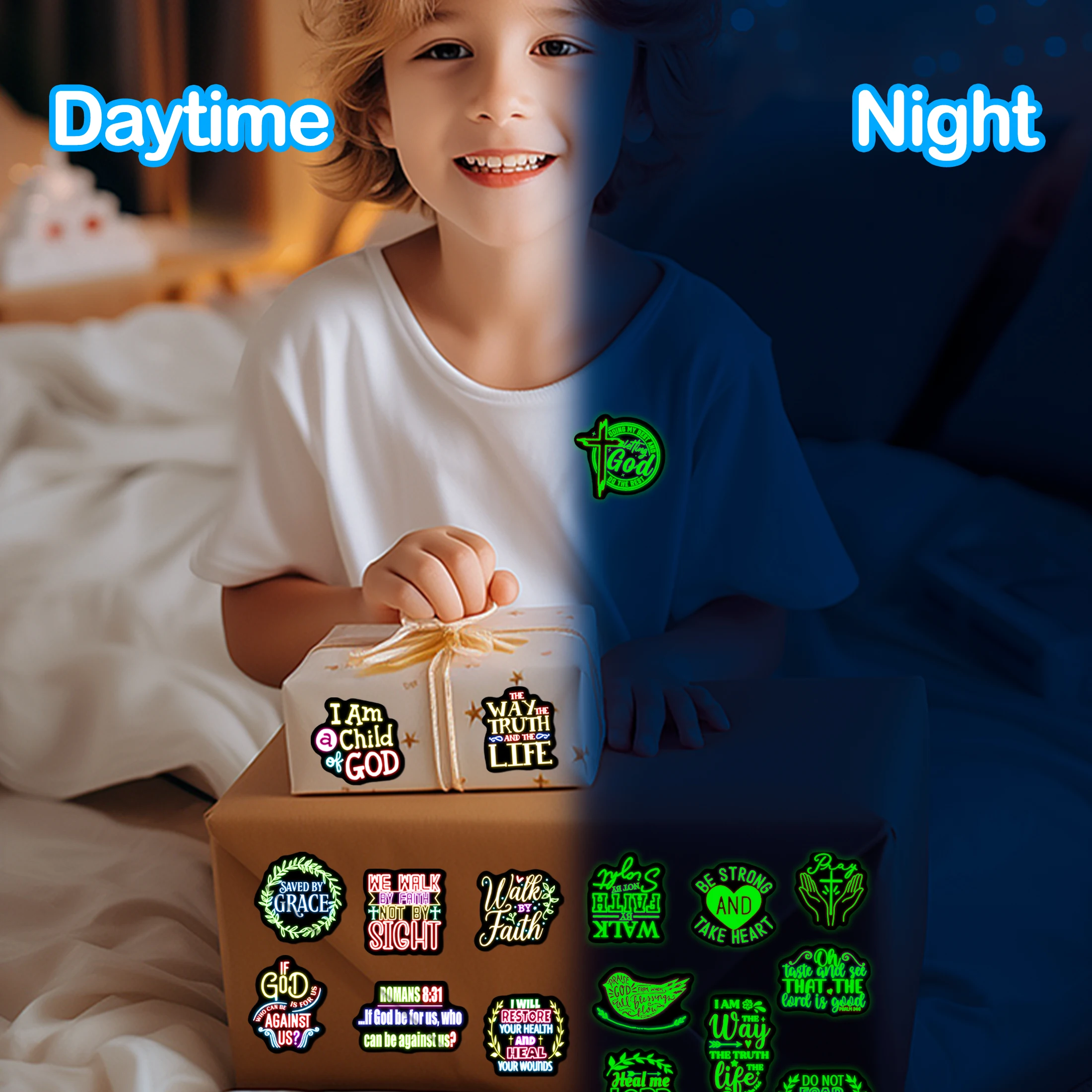 50pcs Glow-In-The-Dark Neon Stickers, God Bible Pattern Mug Notebook Skateboard Stickers Handmade Diy Creative Sticker