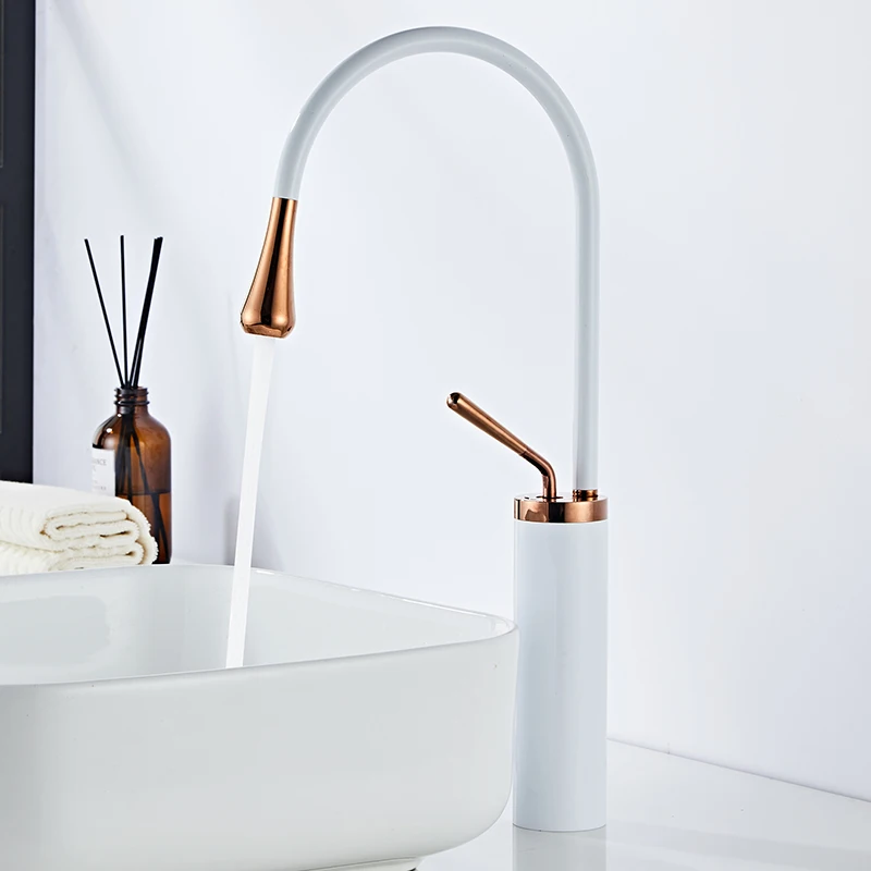 

Basin Faucet Bathroom Single Lever White Gold Sink Faucet Crane Brass Rotation Sink Faucet Hot and Cold Water Tap