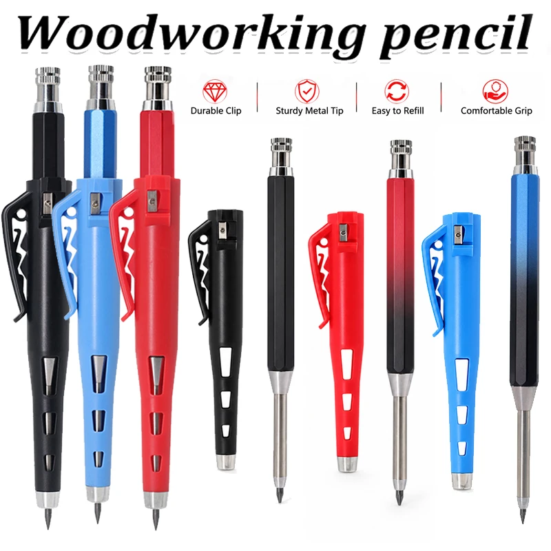 Deep Hole Marking Carpenter Pencil 2.8mm Break-resistant Lead Long Metal Tip Durable Pocket Clip Woodworking Construction Marker