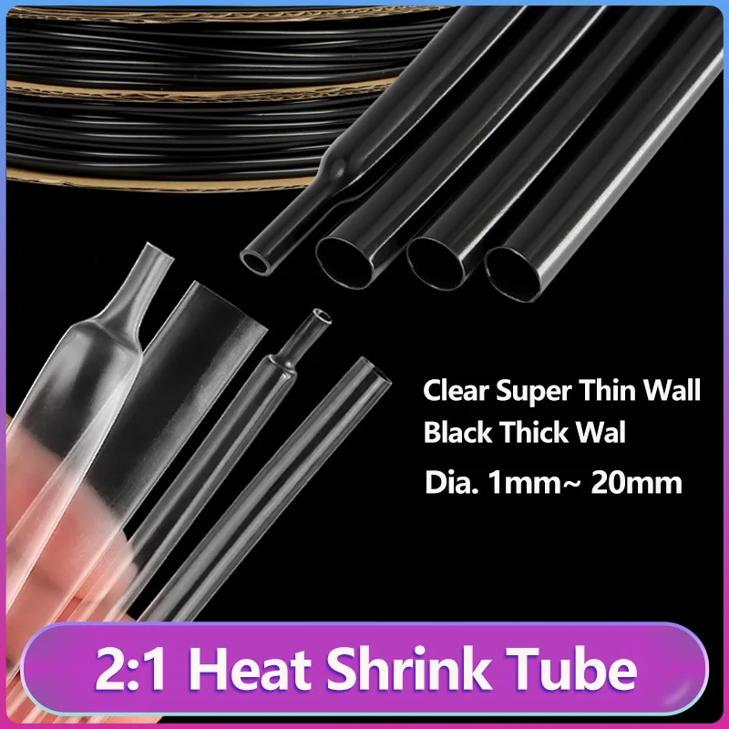 

1~10M 2:1 Clear Super Thin Wall/Black Heat Shrink Tube ID 1~ 20mm DIY Shrinkable Earphone Line Audio Cable Repair Sleeve Wrap