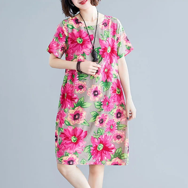 

Fashion O-Neck Loose Pockets Printed Korean Midi Dress Women's Clothing 2023 Summer New Short Sleeve Commute Floral Dress