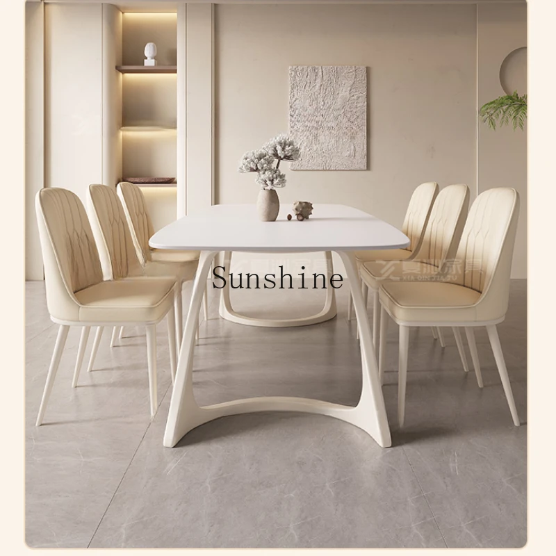 Light luxury dining table Modern simple imported bright rock slab rectangular dining table Cream white wind