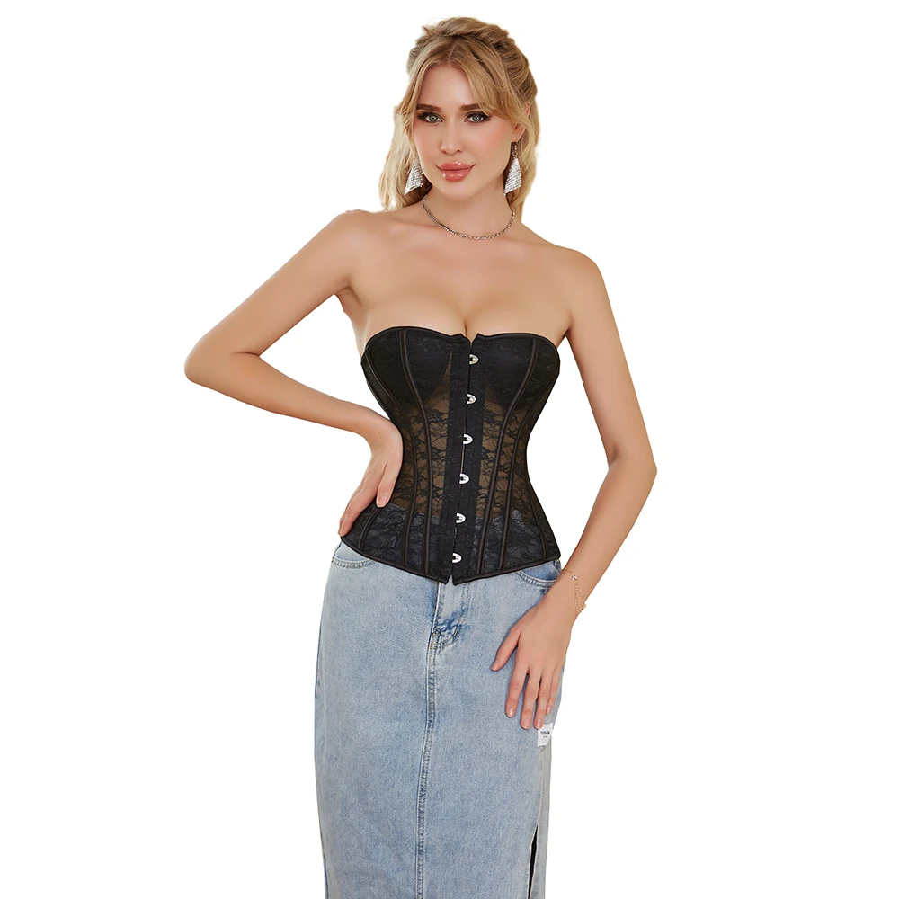 Overbust Corset Hollow Out Corselet Black Korset Bustier Padded Bra Front Busk Waist Slimming Gorset