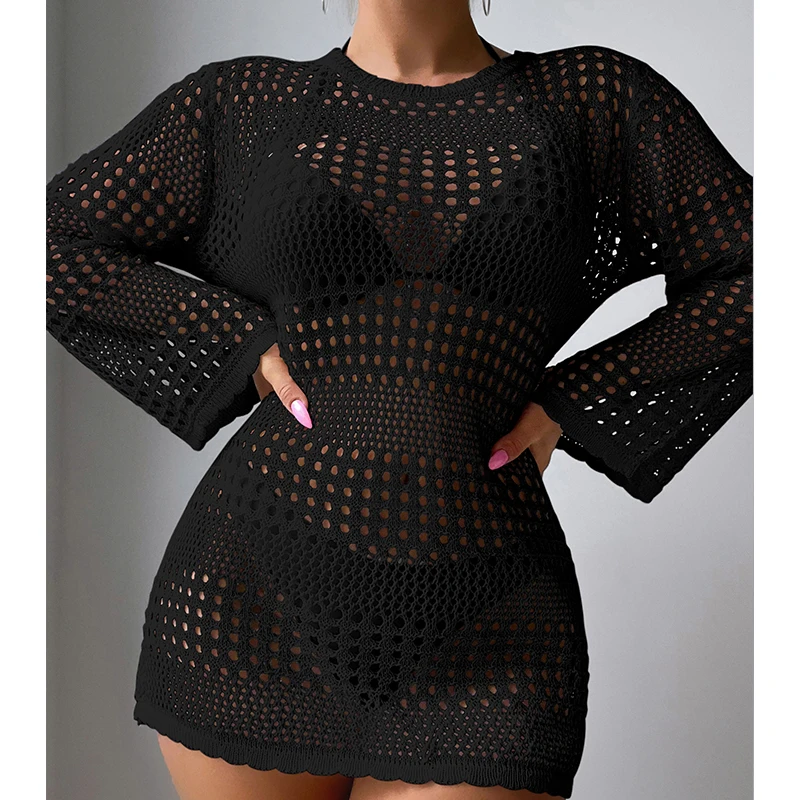 クルーネックドレス,長袖,ビーチウェア,カバーアップ,無地,春と夏