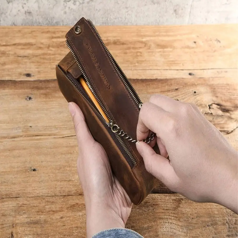 Portable Large Capacity Zipper Pen Pencil Case Leather Handmade Pen Pouch Holder Vintage Durable Desktop Organizer Stationary