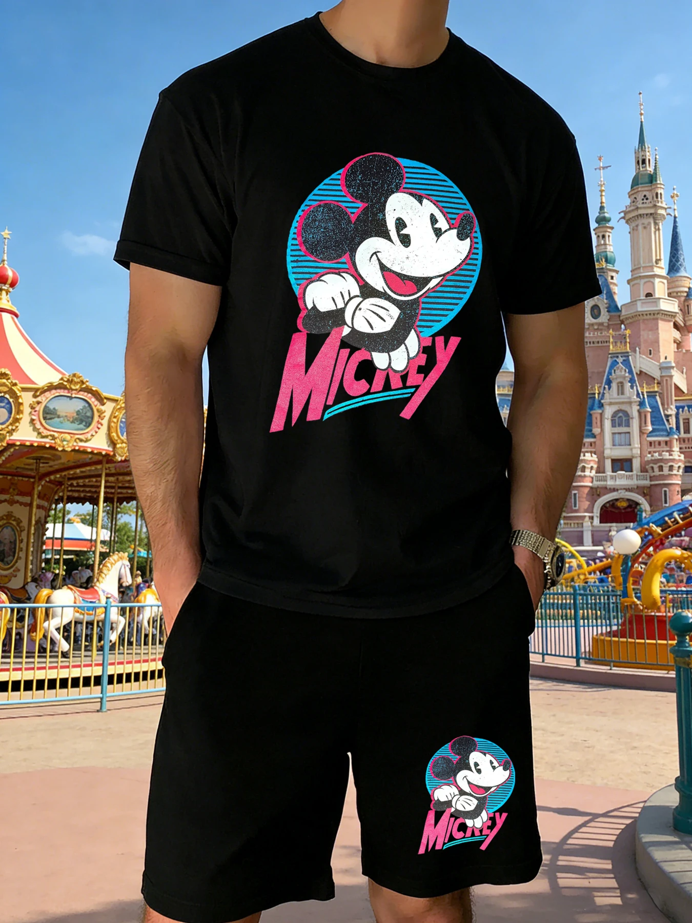

2-Piece Mickey Mouse Print Men's T-Shirt and Shorts Set Summer Casual Cute Cartoon Short-Sleeve Top Men's Y2K Fashion T-Shirt