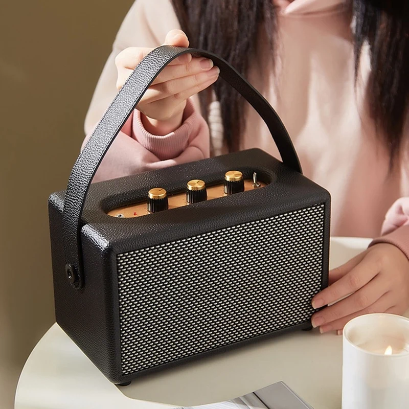 ABSQ-Professionelle tragbare drahtlose Vintage Bluetooth-Lautsprecher USB-Kartenleser Holz PU Outdoor Home Music Player