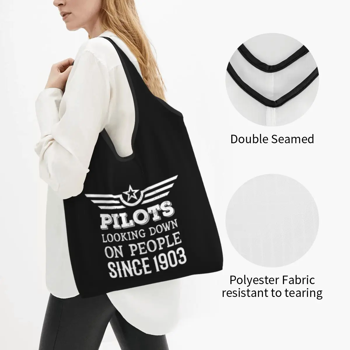 Pilots Looking Down On People Since 1903 Groceries Shopping Tote Bags Fighter Pilot Shoulder Shopper Bags Large Capacity Handbag