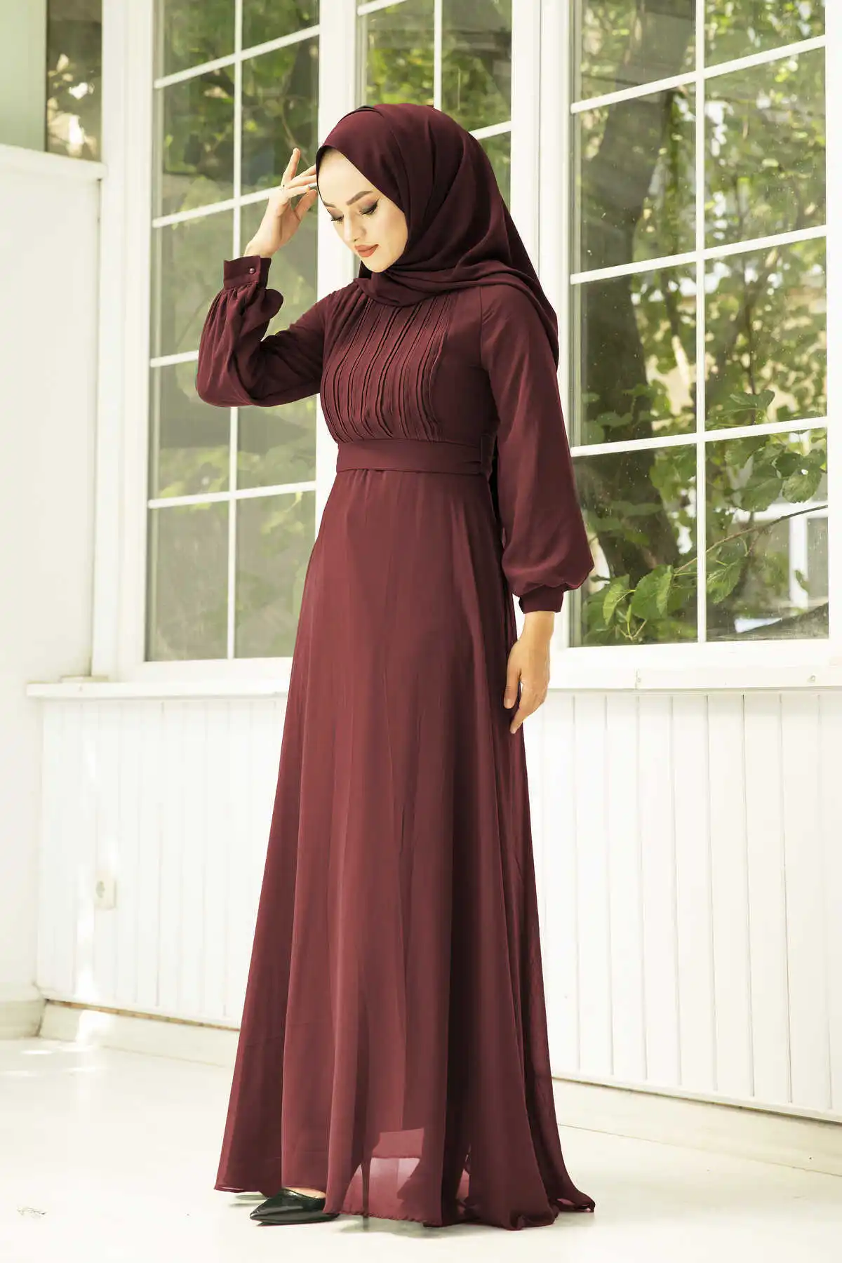 Drapeli Chiffon Hijab Evening Dress Burgundy