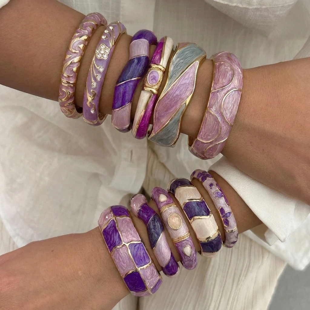 French Luxurious Enameled Bracelet Purple Series Vintage Simple Design Wide Surface Ladies Wristband Gift for Girlfriend Jewelry