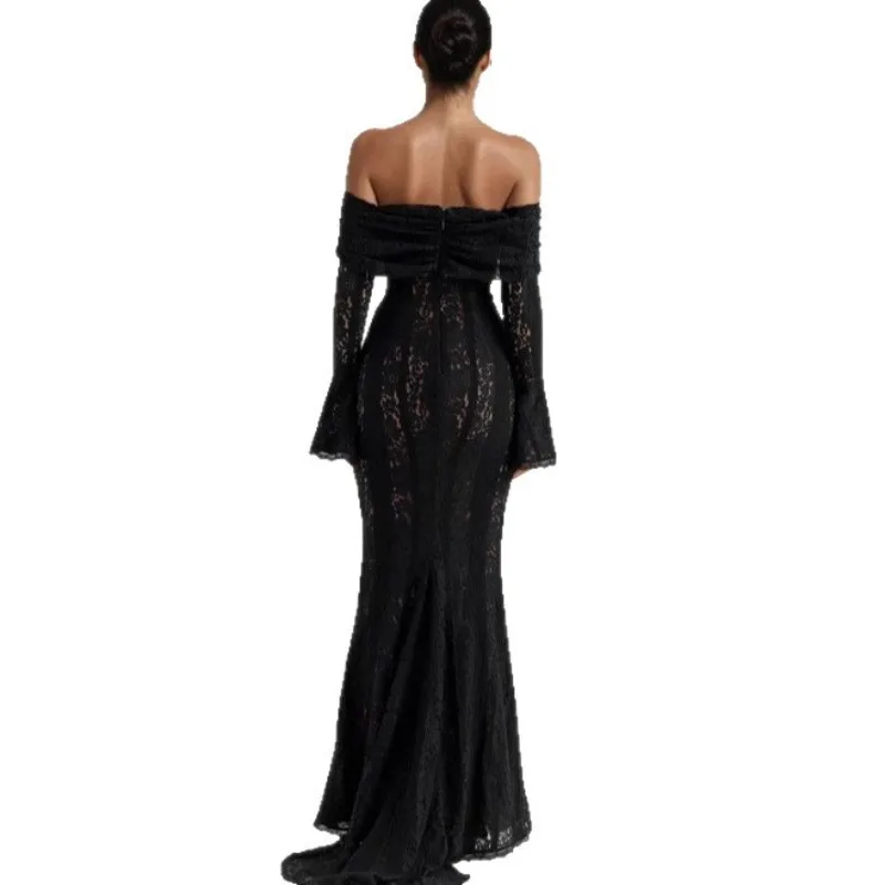 European and American Cross-border Lace Hollow One-word Shoulder Horn Sleeve Hip Dress Elegant Sexy Tube Top Waist Evening Dress
