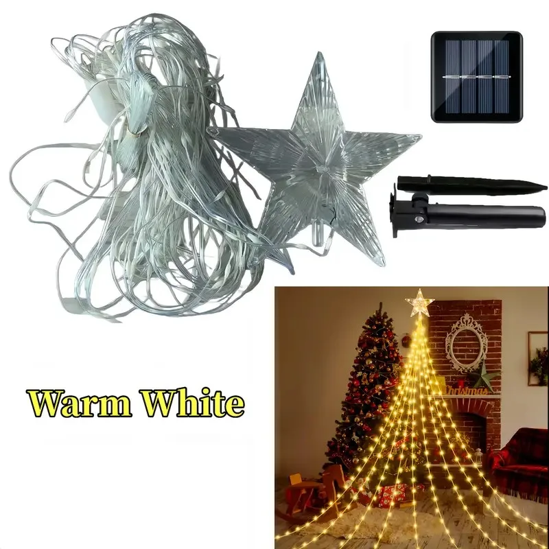 Luces LED solares de cascada con forma de estrella navideña con 8 modos: uso interior/exterior para árbol de Navidad, cortina de jardín, patio