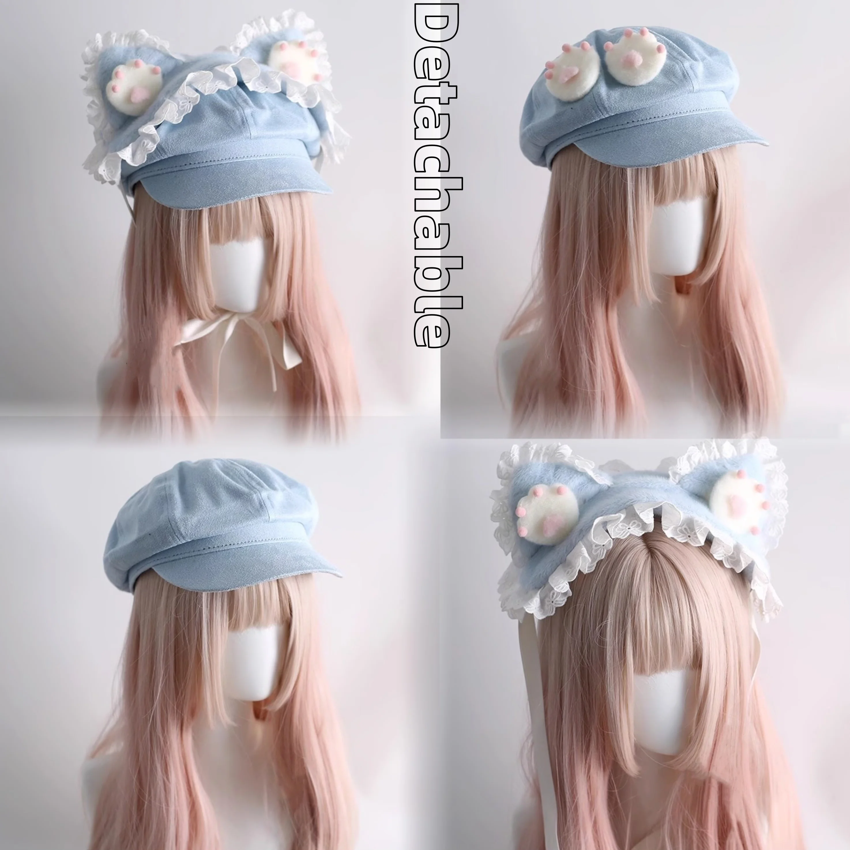 Japanese Original Subculture Cat Ear Hat Lolita Adorable Cat Paw Beret Hat Detachable Hat Y2K Style Otaku Hair Accessories