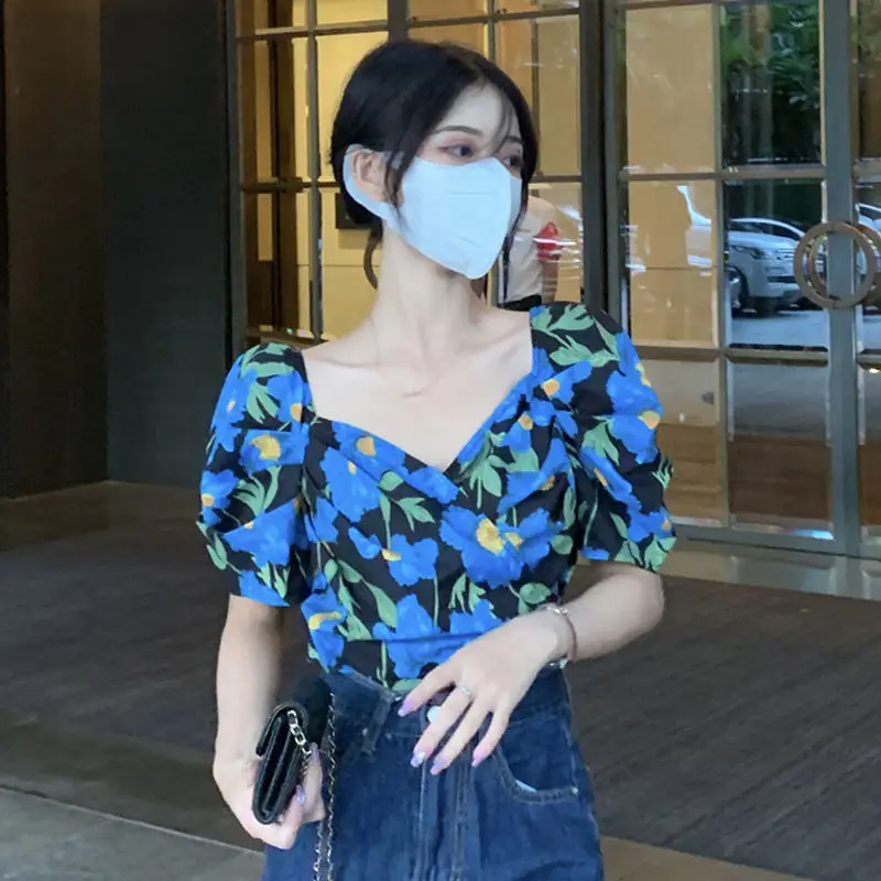 

Women Summer Fashion Office Lady Square Collar Printing Short Sleeve Shirts Ladies Simplicity Casual All-match Temperament Tops